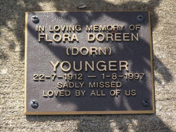 Flora Dorren (Dorn) YOUNGER,  | 22-7-1912 - 1-8-1997;  | Brookfield Cemetery, Brisbane  | 