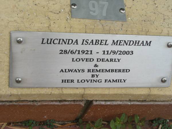 Lucinda Isabel MENDHAM,  | 28/6/1921 - 11/9/2003;  | St Luke's Anglican Church, Ekibin, Brisbane  | 