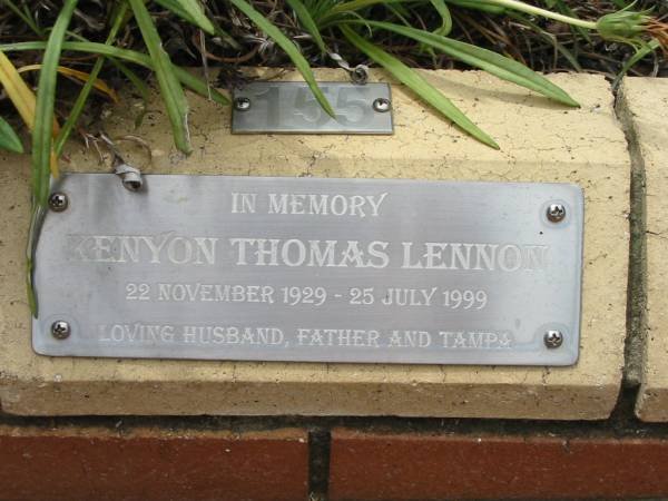 Kenyon Thomas LENNON,  | 22 Nov 1919 - 25 July 1999,  | husband father tampa;  | St Luke's Anglican Church, Ekibin, Brisbane  | 