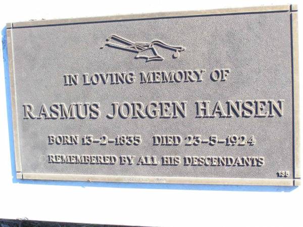 Rasmus Jorgen HANSEN,  | born 13-2-1835 died 23-5-1924;  | Fernvale General Cemetery, Esk Shire  | 