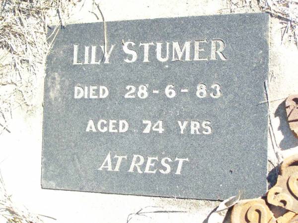 Lily STUMER,  | died 28-6-83 aged 74 years;  | Fernvale General Cemetery, Esk Shire  | 