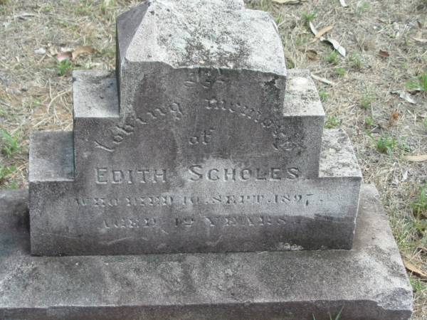 <a href=SCHOLES.html>Edith SCHOLES</a>, died 10 Sept 1897 aged 12 years;  | Goodna General Cemetery, Ipswich.  | Research Contact: <a href= mailto:jggow@bigpond.com >Glennys Gow, Lismore NSW (jggow@bigpond.com)</a>  | 