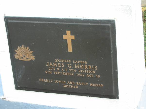 James G MORRIS  | 5 Sep 1953  | aged 39  |   | St Matthew's (Anglican) Grovely, Brisbane  | 