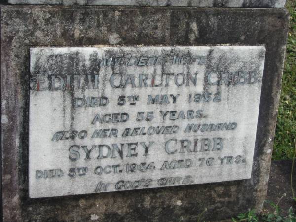 Edith Carlton CRIBB  | 5 May 1952  | 55 yrs  |   | husband  | Sydney CRIBB  | 5 Oct 1954  | 76 yrs  |   | St Matthew's (Anglican) Grovely, Brisbane  | 