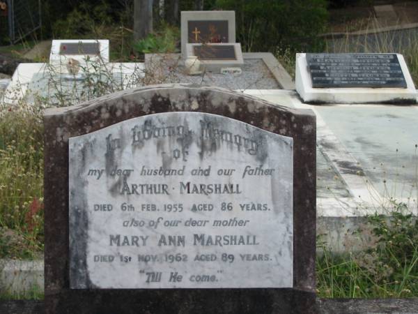 Arthur MARSHALL  | 6 Feb 1955  | aged 86  |   | Mary Ann MARSHALL  | 1 Nov 1962  | aged 89  |   | St Matthew's (Anglican) Grovely, Brisbane  | 