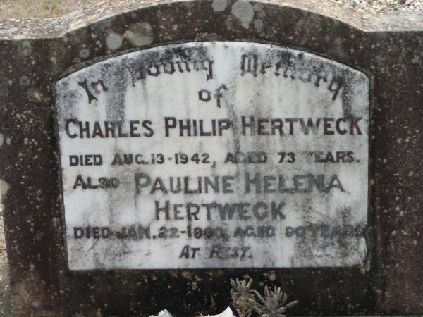 Charles Philip HERTWECK  | 13 Aug 1942, aged 73  | Pauline Helena HERTWECK  | 22 Jan 1960 aged 90  | Haigslea Lawn Cemetery, Ipswich  | 