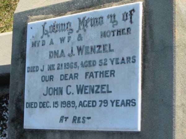 Edna J WENZEL  | d: 21 Jun 1965, aged 52  | John C WENZEL  | d: 15 Dec 1989, aged 79  |   | Harrisville Cemetery - Scenic Rim Regional Council  | 