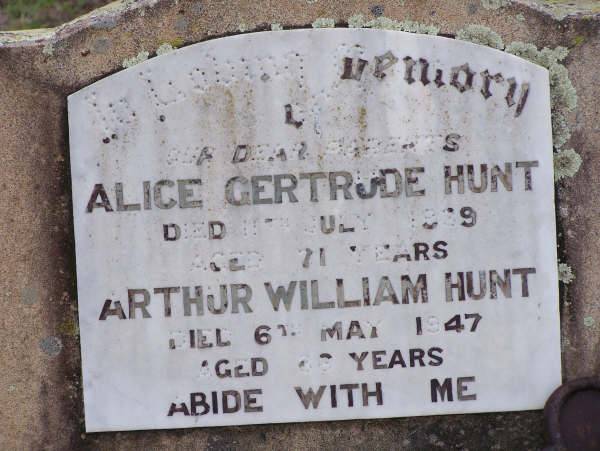 Alice Gertrude HUNT  | d: 11 Jul 1929?, aged 71  | Arthur William HUNT  | d: 6 May 1947, aged 86?  | Harrisville Cemetery - Scenic Rim Regional Council  | 