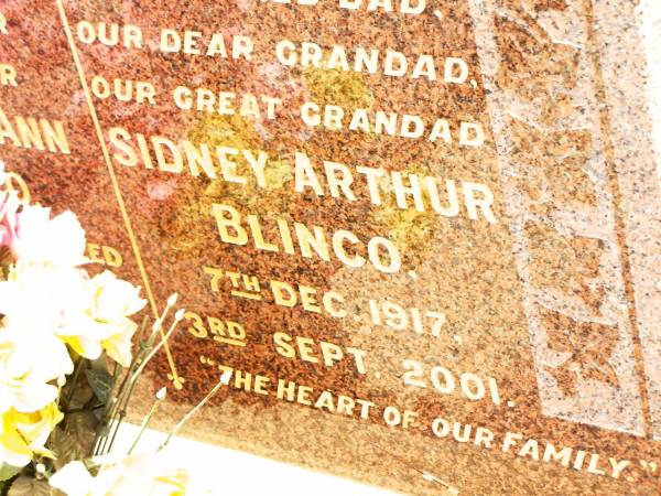 Dorothy Ann BLINCO,  | wife mother sister,  | accidentally killed 22 Sept 1956 aged 35 years;  | Sidney Arthur BLINCO,  | dad grandad great-grandad,  | 7 Dec 1917 - 3 Sept 2001;  | Jandowae Cemetery, Wambo Shire  | 