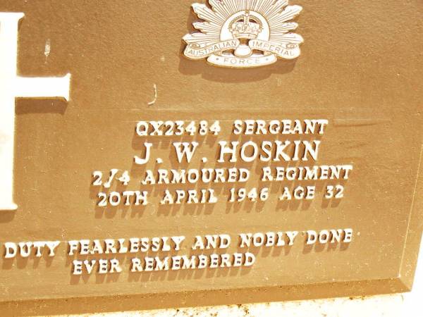 J.W. HOSKIN,  | died 20 April 1946 aged 32 years;  | Sandra KITTS,  | wife mother,  | died 27 Oct 1965;  | Jandowae Cemetery, Wambo Shire  | 