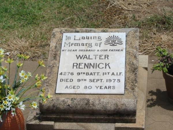 Walter RENNICK,  | husband father,  | died 9 Sept 1975 aged 80 years;  | Jandowae Cemetery, Wambo Shire  | 