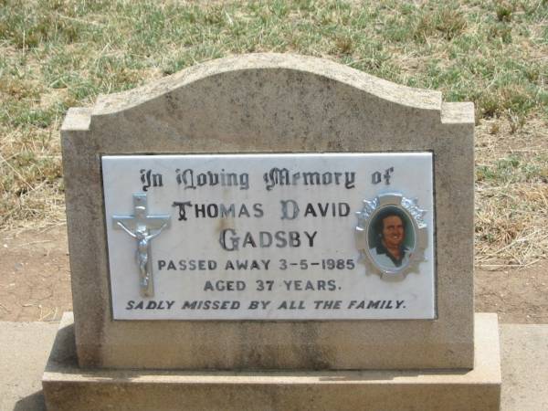 Thomas David GADSBY,  | died 3-5-1985 aged 37 years;  | Jandowae Cemetery, Wambo Shire  | 