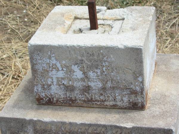 Clara Lillian WINFIELD,  | died 4 Jan 1905? aged 1 year 11 months,  | daughter of J.T. & Lily WINFIELD,  | grandaughter of C.M. & T. WINFIELD;  | Jandowae Cemetery, Wambo Shire  | 
