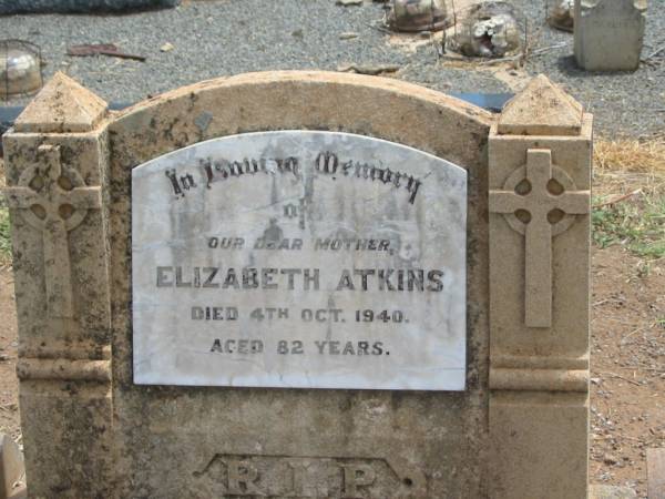 Elizabeth ATKINS,  | mother,  | died 4 Oct 1940 aged 82 years;  | Jandowae Cemetery, Wambo Shire  | 