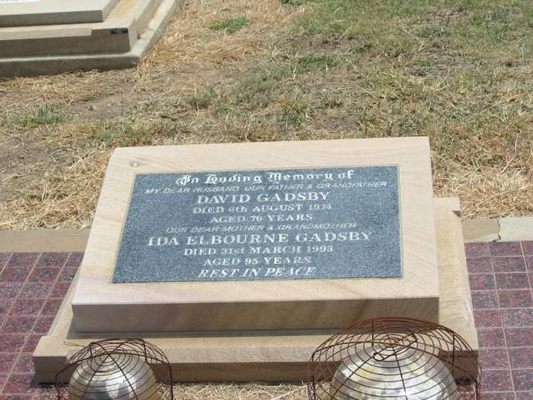David GADSBY,  | husband father grandfather,  | died 6 Aug 1974 aged 76 years;  | Ida Elbourne GADSBY,  | mother grandmother,  | died 31 March 1993 aged 95 years;  | Jandowae Cemetery, Wambo Shire  | 
