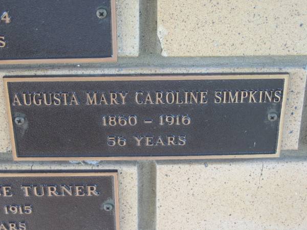 Augusta Mary Caroline SIMPKINS,  | 1860 - 1916 aged 56 years;  | Engelsburg Methodist Pioneer Cemetery, Kalbar, Boonah Shire  | 