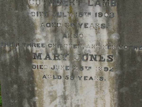 Mary Elizabeth,  | wife of Cuthbert LAMB,  | died 15 July 1903 aged 39 years;  | three children;  | Mary JONES,  | mother,  | died 25 June 1892 aged 59 years;  | Cuthbert LAMB,  | father,  | died 8 Sept 1954 aged 92 years;  | Dina Isabella LAMB,  | sister,  | died 22 Sept 1974 aged 85 years;  | Killarney cemetery, Warwick Shire  | 