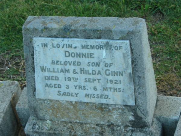 Donnie,  | son of William & Hilda GINN,  | died 19 Sept 1921 aged 3 years 6 months;  | Killarney cemetery, Warwick Shire  | 