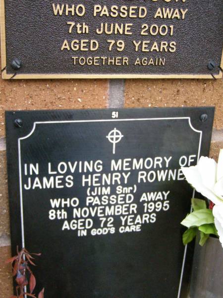 James Henry (Jim Snr) ROWNE,  | died 8 Nov 1995 aged 72 years;  | Lawnton cemetery, Pine Rivers Shire  | 