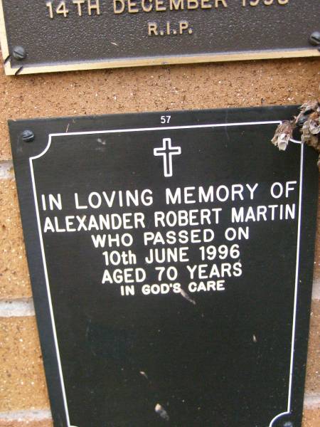 Alexander Robert MARTIN,  | died 10 June 1996 aged 70 years;  | Lawnton cemetery, Pine Rivers Shire  | 