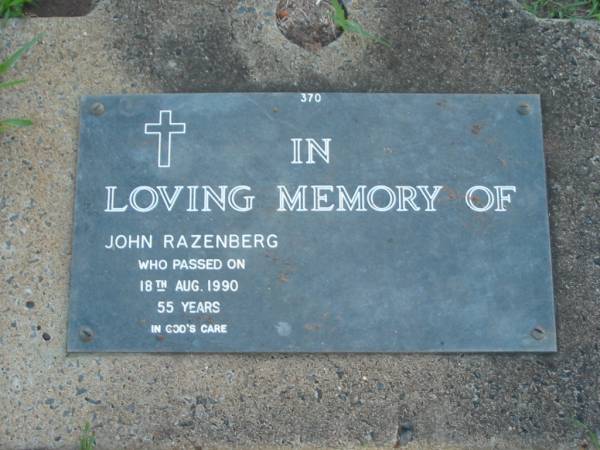 John RAZENBERG,  | died 18 Aug 1990 aged 55 years;  | Lawnton cemetery, Pine Rivers Shire  | 