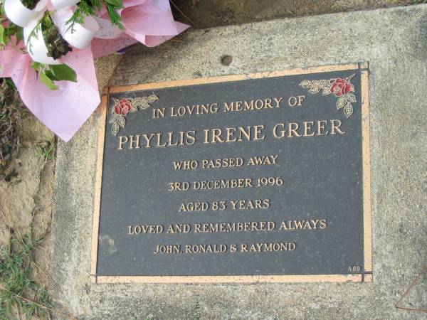 Phyllis Irene GREER, died 3 Dec 1996 aged 83 years, John, Ronald & Raymond;  | Logan Village Cemetery, Beaudesert Shire  | 