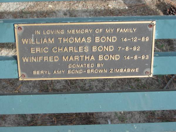 William Thomas BOND, 14-12-89;  | Eric Charles BOND, 7-8-92;  | Winifred Martha BOND, 14-8-93;  | family of Beryl Amy BOND-BROWN Zimbabwe;  | Logan Village Cemetery, Beaudesert Shire  | 