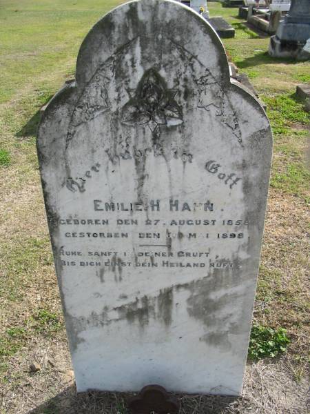 Emilie H. HAHN, born 27 Aug 1858 died 10 May 1898;  | Lowood Trinity Lutheran Cemetery (Bethel Section), Esk Shire  | 