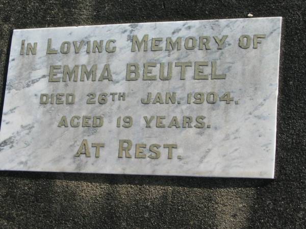 Emma BEUTEL, died 26 Jan 1904 aged 19 years;  | Lowood Trinity Lutheran Cemetery (Bethel Section), Esk Shire  | 