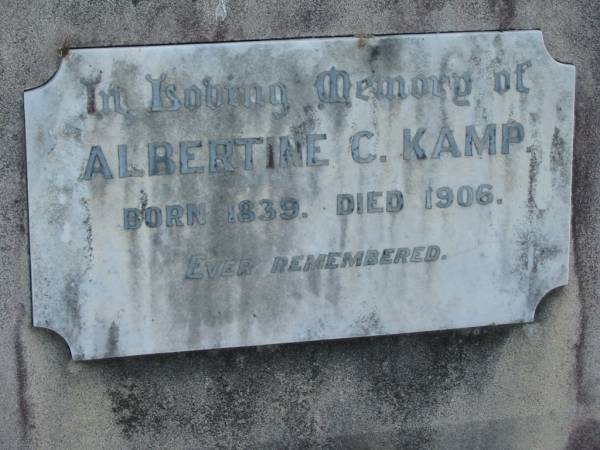 Albertine C. KAMP, born 1839 died 1906;  | Lowood Trinity Lutheran Cemetery (Bethel Section), Esk Shire  | 