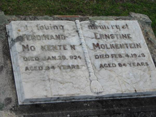 Ferdinand MOLKENTEIN, died 26 Jan 1924 aged 84 years;  | Ernestine MOLKENTEIN, died 4 Feb 1929 aged 84 years;  | Lowood Trinity Lutheran Cemetery (Bethel Section), Esk Shire  | 