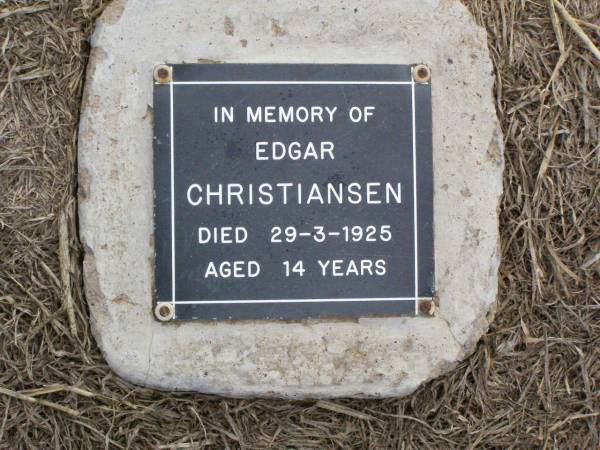 Edgar CHRISTIANSEN,  | died 29-3-1925 aged 14 years;  | Ma Ma Creek Anglican Cemetery, Gatton shire  | 