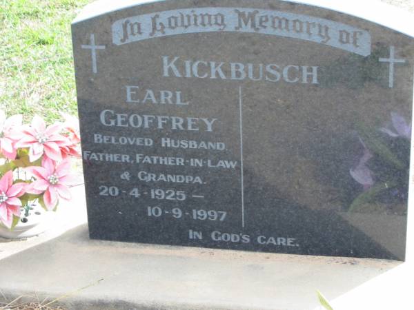 KICKBUSCH, Carl Geoffrey,  | 20-4-1925 - 10-9-1997,  | husband father father-in-law grandpa;  | Marburg Lutheran Cemetery, Ipswich  | 