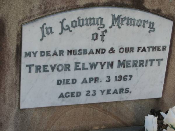 Trevor Elwyn MERRITT, husband father,  | died 3 April 1967 aged 23 years;  | Marburg Lutheran Cemetery, Ipswich  | 