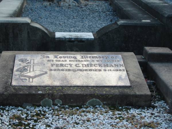 Percy C. DIECKMANN, husband father,  | born 19-11-1910 died 3-11-1982;  | Marburg Lutheran Cemetery, Ipswich  | 