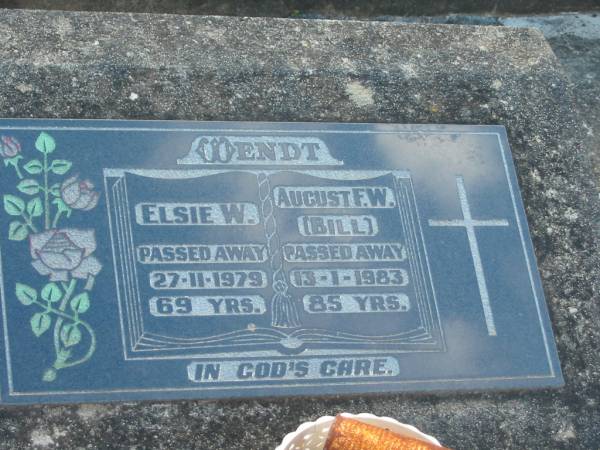 WENDT;  | Elsie W., died 27 Nov 1979 aged 69 years;  | August F.W. (Bill), died 13 Jan 1983 aged 85 years;  | Marburg Lutheran Cemetery, Ipswich  | 