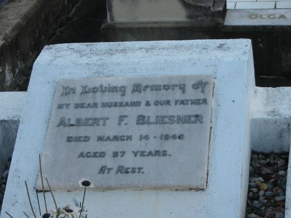 Albert F. BLIESNER, husband father,  | died 14 March 1946 aged 57 years;  | Marburg Lutheran Cemetery, Ipswich  | 