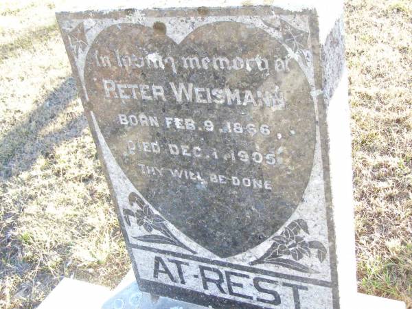 Peter WEISMANN,  | born 9 Feb 1866 died 1 Dec 1905;  | St Johns Evangelical Lutheran Church, Minden, Esk Shire  | 