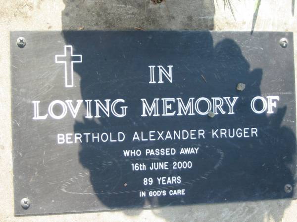 Berthold Alexander KRUGER  | 16 Jun 2000, aged 89  | Mt Cotton / Gramzow / Cornubia / Carbrook Lutheran Cemetery, Logan City  |   | 