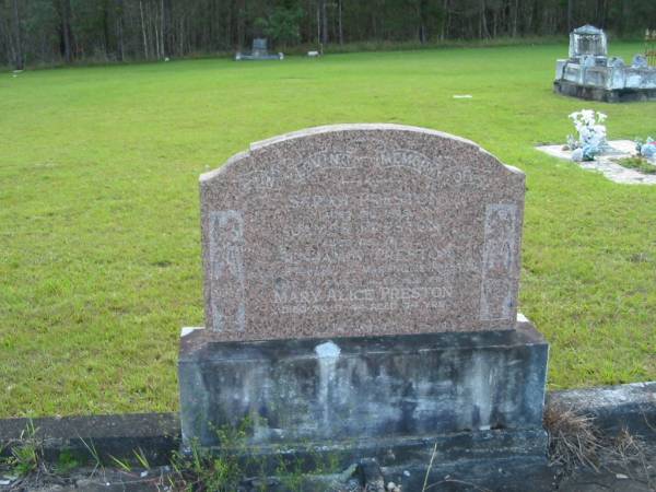 Sarah PRESTON  | aged 30  | James PRESTON  | aged 65  | Benjamin PRESTON  | (husband of Alice PRESTON)  | d: 7 Aug 1942 aged 82  | Mary Alice PRESTON  | d: 30 Aug 1944, aged 74  | Mt Cotton / Gramzow / Cornubia / Carbrook Lutheran Cemetery, Logan City  |   | 