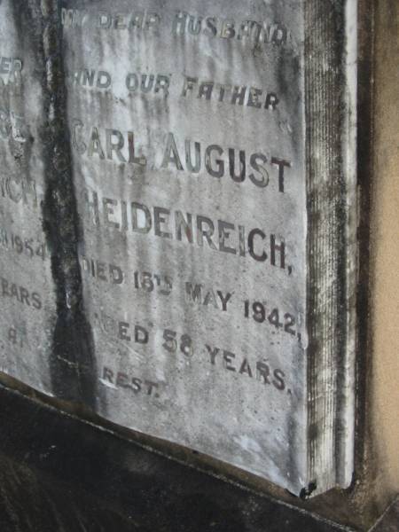 Anna Louise HEIDENREICH  | 25 Mar 1954, aged 64  | Carl August HEIDENREICH  | 16 May 1942, aged 58  | Mt Cotton / Gramzow / Cornubia / Carbrook Lutheran Cemetery, Logan City  |   | 