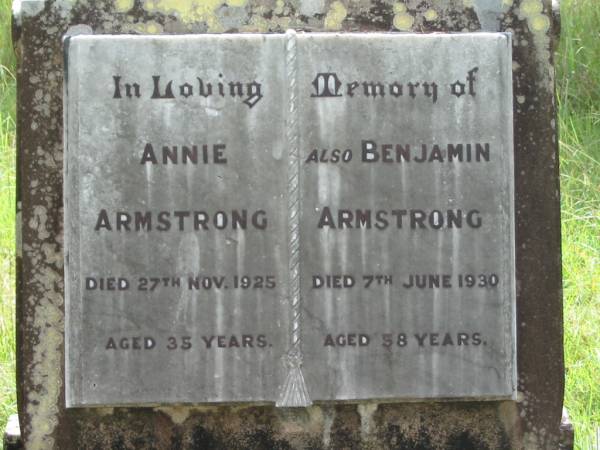 Annie ARMSTRONG,  | died 27 Nov 1925 aged 35 years;  | Benjamin ARMSTRONG,  | died 7 June 1930 aged 58 years;  | Mundoolun Anglican cemetery, Beaudesert Shire  | 