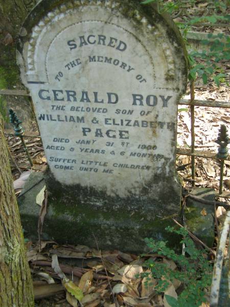 Gerald Roy,  | son of William & Elizabeth PAGE,  | died 31 Jan 1900 aged 5 years 6 months;  | North Tumbulgum cemetery, New South Wales  | 