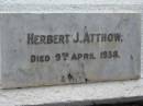 
Herbert J. ATTHOW, died 9 April 1938;
Peachester Cemetery, Caloundra City
