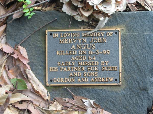 Mervyn John ANGUS, killed on 11-3-99 aged 64, partner Sue, Suzie, Gordon, Andrew;  | Peachester Cemetery, Caloundra City  | 