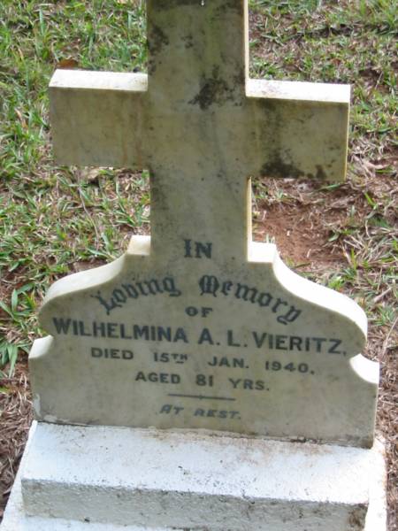 Wilhelmina A.L. VIERITZ, died 15 Jan 1940 aged 81 years;  | Peachester Cemetery, Caloundra City  | 