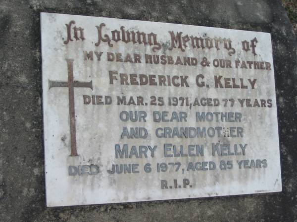 Frederick G KELLY  | 25 Mar 1971, aged 77  | Mary Ellen KELLY  | 6 Jun 1977, aged 85  | Stone Quarry Cemetery, Jeebropilly, Ipswich  | 