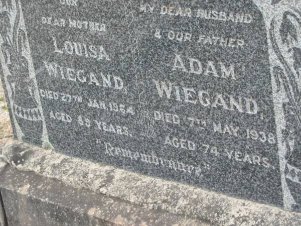 Louisa WIEGAND  | 27 Jan 1964, aged 89  | Adam WIEGAND  | 7 May 1938, aged 74  | Stone Quarry Cemetery, Jeebropilly, Ipswich  | 