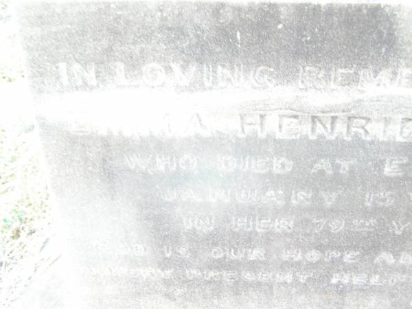 Emma Henrietta REEVE,  | died Emu Vale 15 January 1886 in 79th year;  | Swan Creek Anglican cemetery, Warwick Shire  | 