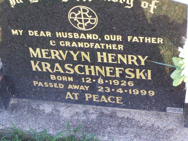 Mervyn Henry KRASCHNEFSKI,  | husband father grandfather,  | born 12-8-1926 died 23-4-1999;  | Tarampa Apostolic cemetery, Esk Shire  | 